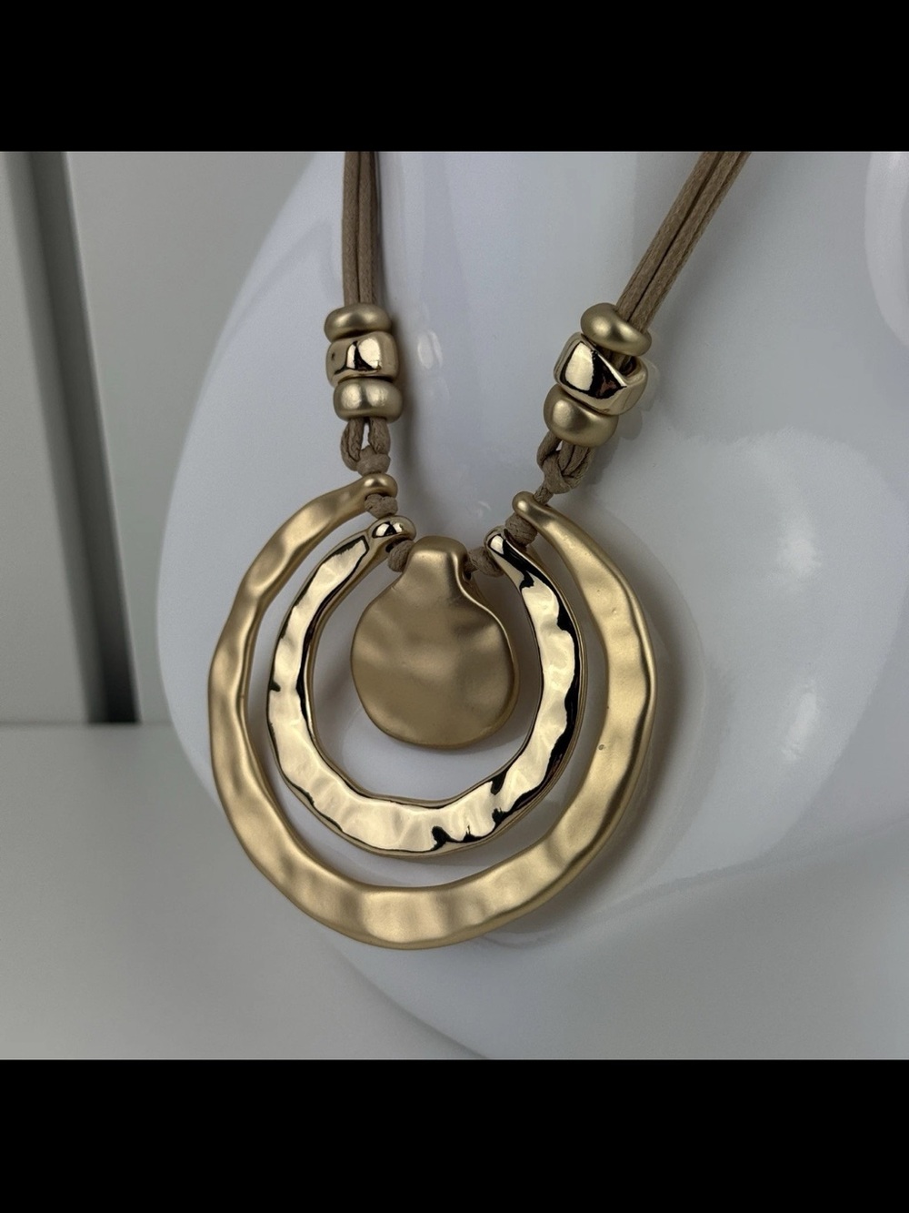 Metallic Gold Tone Circle Medallion Bead Chunky Statement Necklace Boho Abstract